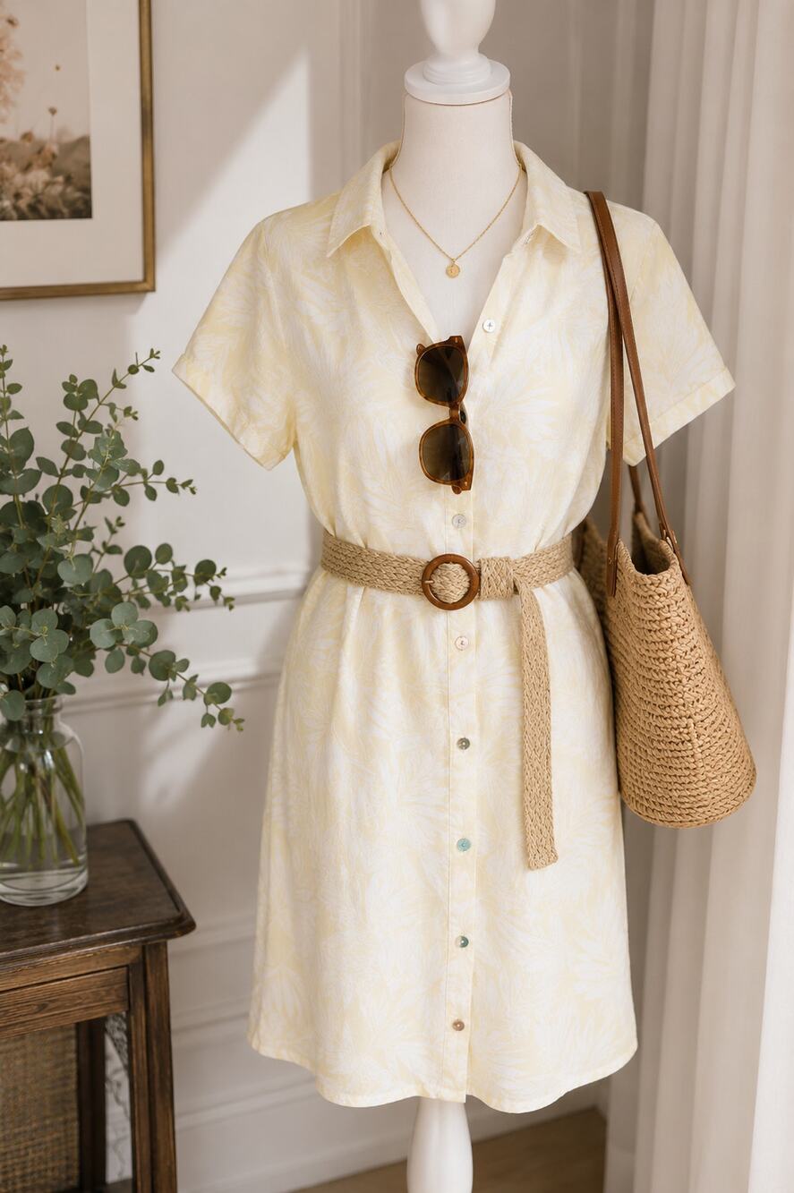 Tahari 100% European Flax Linen shirt dress pale yellow tropical pattern Medium